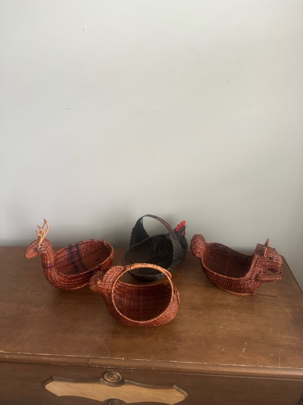 Vintage animal shaped wicker basket lot hen squirrel rabbit deer rooster